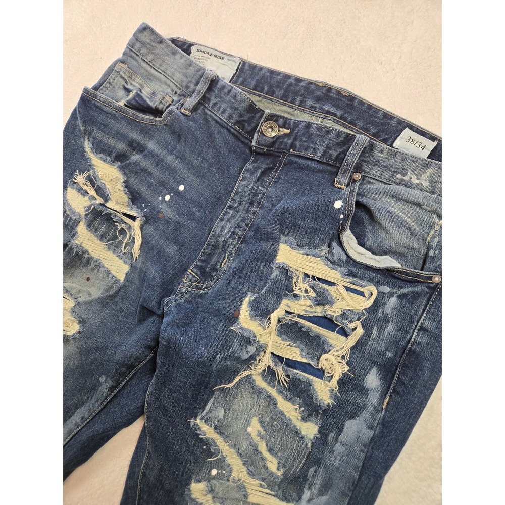 Smoke Rise Mens Distressed Moto Jeans 38x34 Dark Wash Paint Splatter Ripped Slim